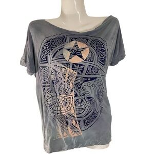 The People of the Labyrinths asymmetrical blue off the shoulder T-shirt size XS